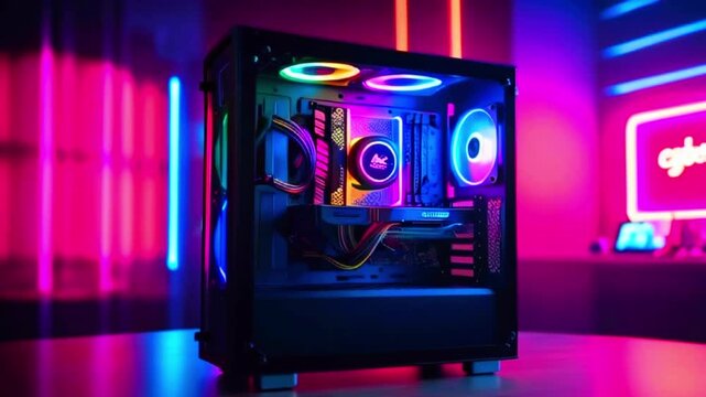 A computer tower with a clear side panel showing colorful lights and internal components.
