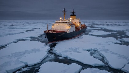 Fototapeta premium An icebreaker ship cutting through thick sea ice in the Arctic, under the dim light of the polar night, as snow and wind swirl around it. 