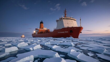 An icebreaker ship cutting through thick sea ice in the Arctic, under the dim light of the polar night, as snow and wind swirl around it.

