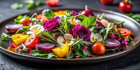 Vibrant mixed salad with cherry tomatoes, edible flowers, and fresh greens arranged on a dark plate, showcasing a colorful and visually appealing healthy dish perfect for a gourmet meal.
