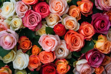 Naklejka premium Bunch of multi color roses background top view