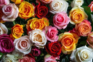 Naklejka premium Bunch of multi color roses background top view