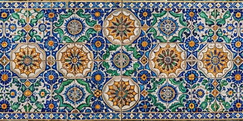 Vintage panorama mosaic ceramic tile pattern with a classic azulejo design background, azulejo, vintage, panoramic