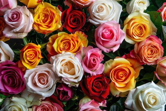 Bunch of multi color roses background top view