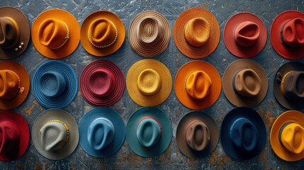 Image featuring brightly colored hats neatly hung on a textured wall, creating an appealing display. The photograph highlights patterns, textures, and vibrant colors.