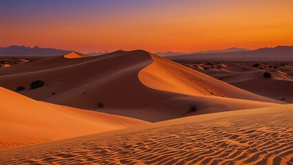 Sunset over the sand dunes in the desert background