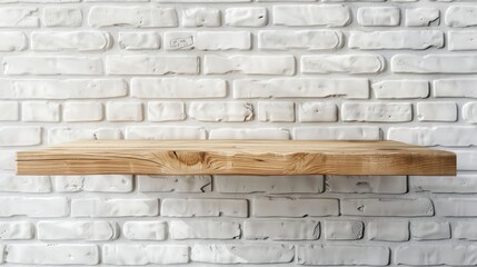Wooden Shelf on a White Brick Wall Background