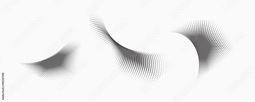 Poster set of dotted curved abstract shapes. dotted pattern in halftone theme. curved and twisted abstract 