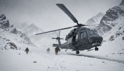 Obraz premium A military helicopter flies low over a snowy mountain pass during a snowstorm. Two soldiers, one Black and one Middle-Eastern, disembark into deep snow, setting up a perimeter as heavy snowflakes swir