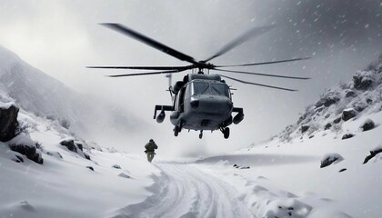 Obraz premium A military helicopter flies low over a snowy mountain pass during a snowstorm. Two soldiers, one Black and one Middle-Eastern, disembark into deep snow, setting up a perimeter as heavy snowflakes swir