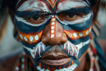 Close-up portrait of an individual adorned with traditional tribal face paint and intricate jewelry