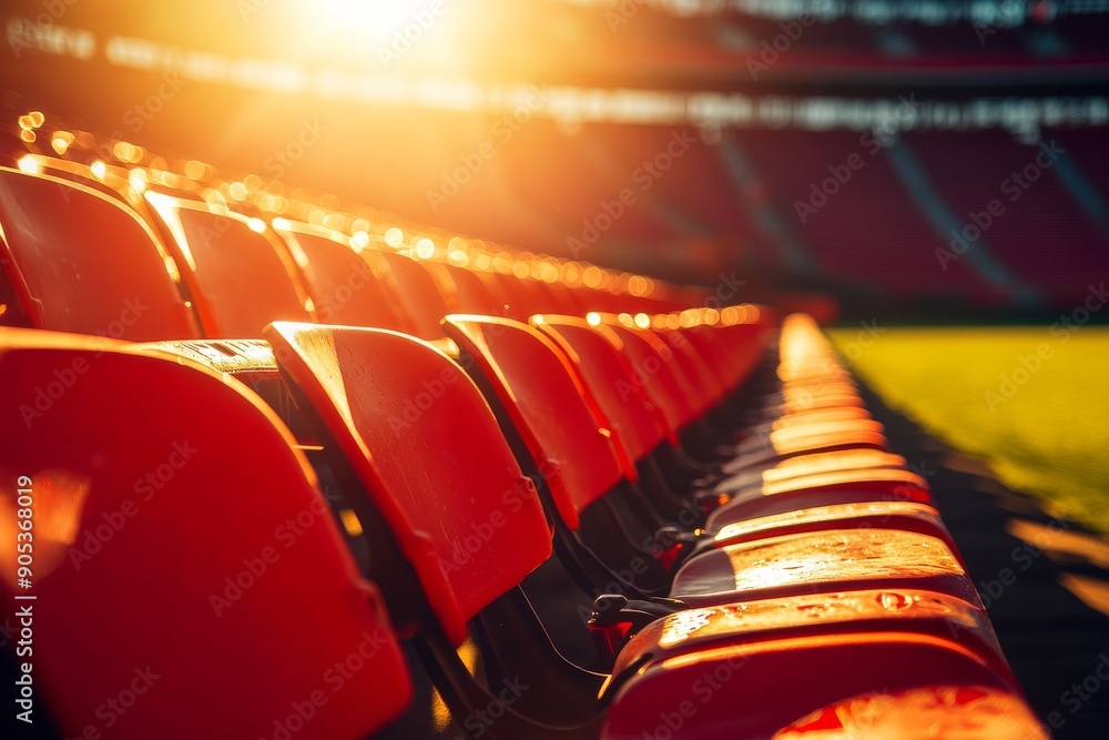 Poster rows of unoccupied seats bask in warm sunlight as the stadium stands empty, ready for the next event