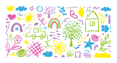 Fototapeta premium Doodle Kids Flowers, Cloud, Squiggles, Heart, Tree, Sun, Rainbow Hand Drawn With Charcoal Pencil Different Colors. Vector Illustration Of Children's Drawings With Chalk, Strokes, House, Plants, Grass.