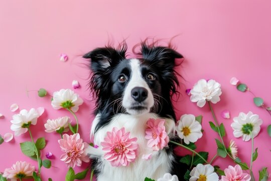 cute dog with flowers over pink bright background, greeting card for international women's day