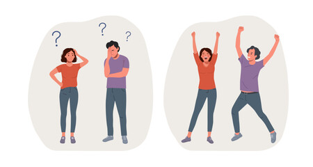Young woman and man surrounded by a question mark and finding new idea. Flat style cartoon vector illustration. People stand full body.