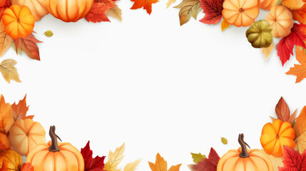 Autumn Pumpkin and Leaves Border on White Background