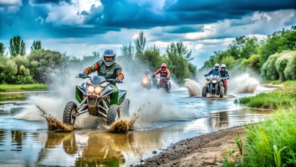 Fototapeta premium Auto-moto races on impassable terrain of off-road vehicles, cross-country, Paris-Dakar highway, speed, speed, sand