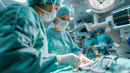 Surgical Team Performing Complex Operation in Modern Hospital Setting During Daytime With High-Tech Equipment. Generative AI