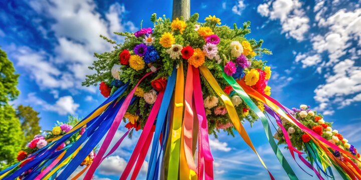 Close-up of a vibrant midsummer maypole with colorful ribbons and fresh flowers , Midsummer, maypole, close-up