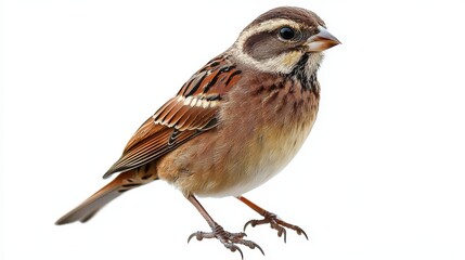 Fototapeta premium Small Brown Bird Perched Against Plain White Background