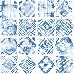 Modern blue white irregular beach patched shape mix for summer doodle beachwear design. Coastal mariner background for seaside living style in repeatable tile.