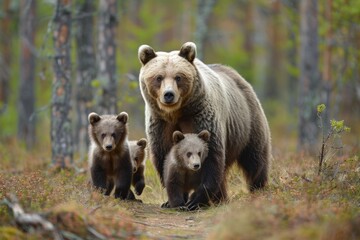 Fototapeta premium Female brown bear and her cubs in boreal forest