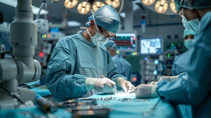 Skilled Surgeons Performing Complex Procedure in Modern Operating Room During Daytime. Generative AI