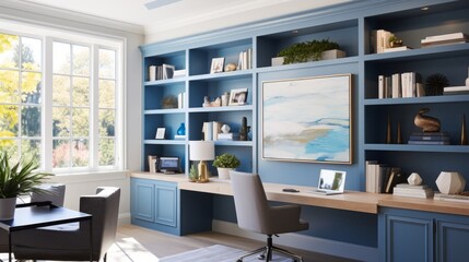 Modern Home Office Interior with Elegant Blue Cabinetry and Nature View