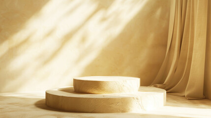 Minimalist Beige Pedestal with Draped Fabric and Soft Sunlight in a Serene Setting