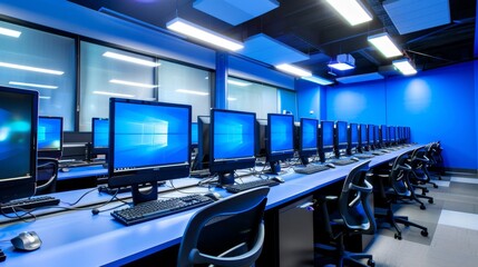 Modern Computer Lab with Blue Walls and Desks.