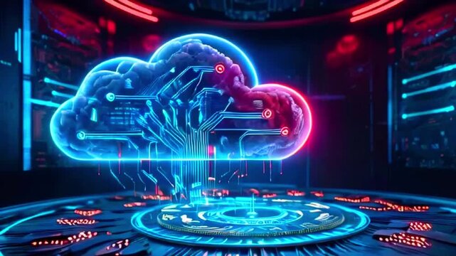 The video shows a glowing blue and pink cloud with digital lines and a hand inside, surrounded by red lights and a circular platform.
