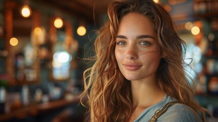 A sophisticated image of an elegant woman with wavy hair in a stylish urban café, displaying a serene expression and natural beauty in an artistic setting.