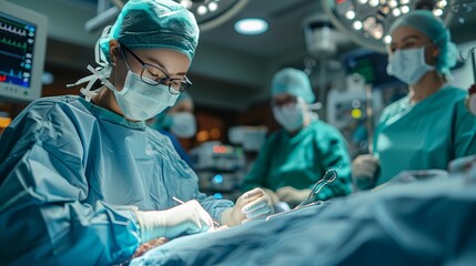 Surgical Team Performing Complex Operation in Hospital Operating Room During Evening Hours. Generative AI