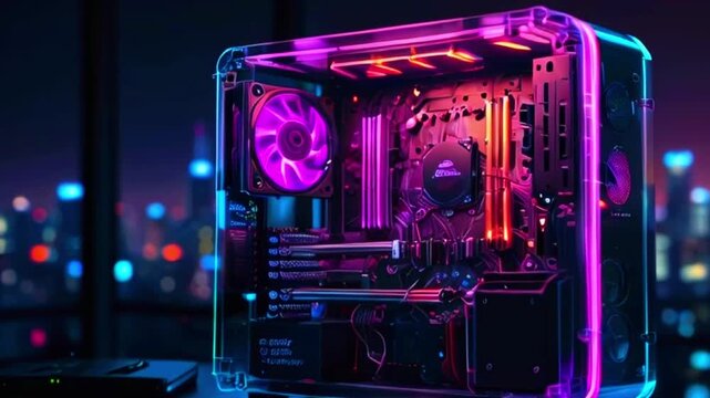 A clear computer case with colorful lights, showing the internal components, such as a fan, a motherboard, and other electronics.