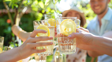 Friends Toasting with Refreshing Lemonade in a Sunny Garden During a Summer Gathering
