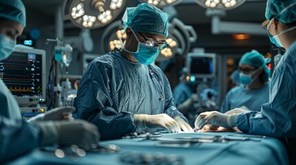 Fototapeta premium Surgical Team Performing Complex Procedure in Hospital Operating Room During Evening Hours. Generative AI