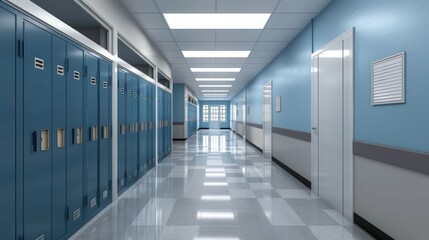 Empty School Hallway with Lockers.