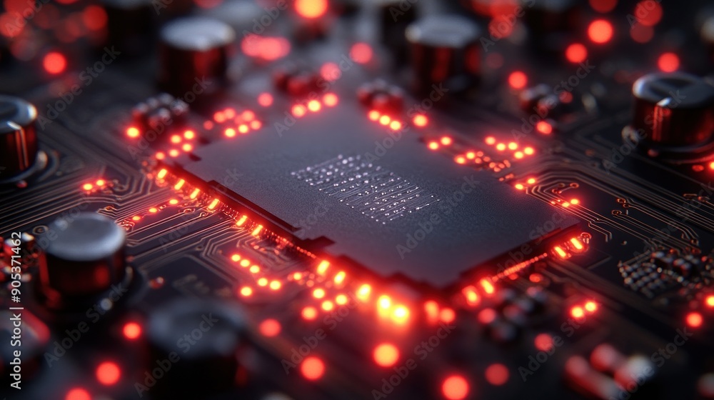 Poster closeup of a processor on a circuit board with red lights