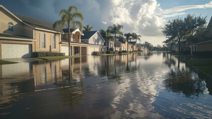 Fototapeta premium Suburban Flood Aftermath with Serene Water Reflections
