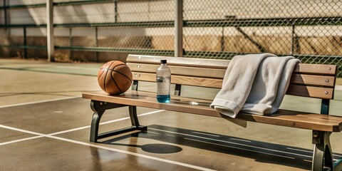An empty bench by the basketball court with a towel and a water bottle resting on it.