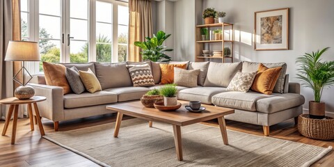 Cozy living room interior with a large comfortable sofa, decorative pillows, and a coffee table , cozy, living room