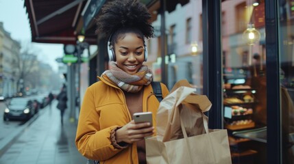 Smiling Young Woman Texting on Smartphone after Shopping