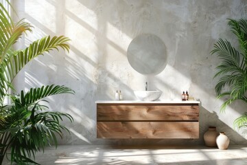 Modern minimalist bathroom interior, modern pink bathroom cabinet, white sink, wooden vanity, Generative AI