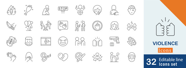 Set of violence simple line icons. violence, fight, sexual harassment, hate crime and more editable collection