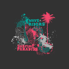 Surfing Paradise wave rider splatter typography summer surfing design