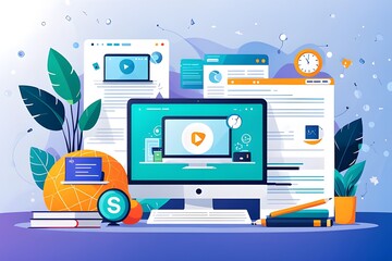 Online education landing page banner template. Isometric vector illustration with female student using mobile app around educational items promoting website about online education

