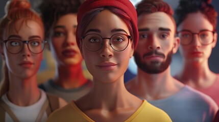 Obraz premium A diverse group of young adults with various ethnic backgrounds wearing glasses, posing together confidently. The central figure is a woman with glasses and a red beanie