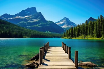Beautiful Turquoise Lake with Wooden Dock and Mountains in Glacier National Park, British Columbia Vibrant Clear Blue Sky, Sunlight Reflecting on Water