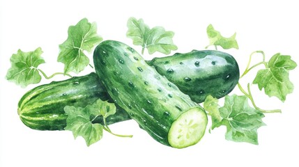 Fresh Cucumbers with Lush Green Leaves Watercolor Painting