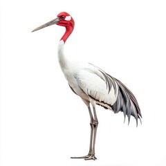 Obraz premium Sarus Crane Standing Elegantly on White Background in Natural Posture
